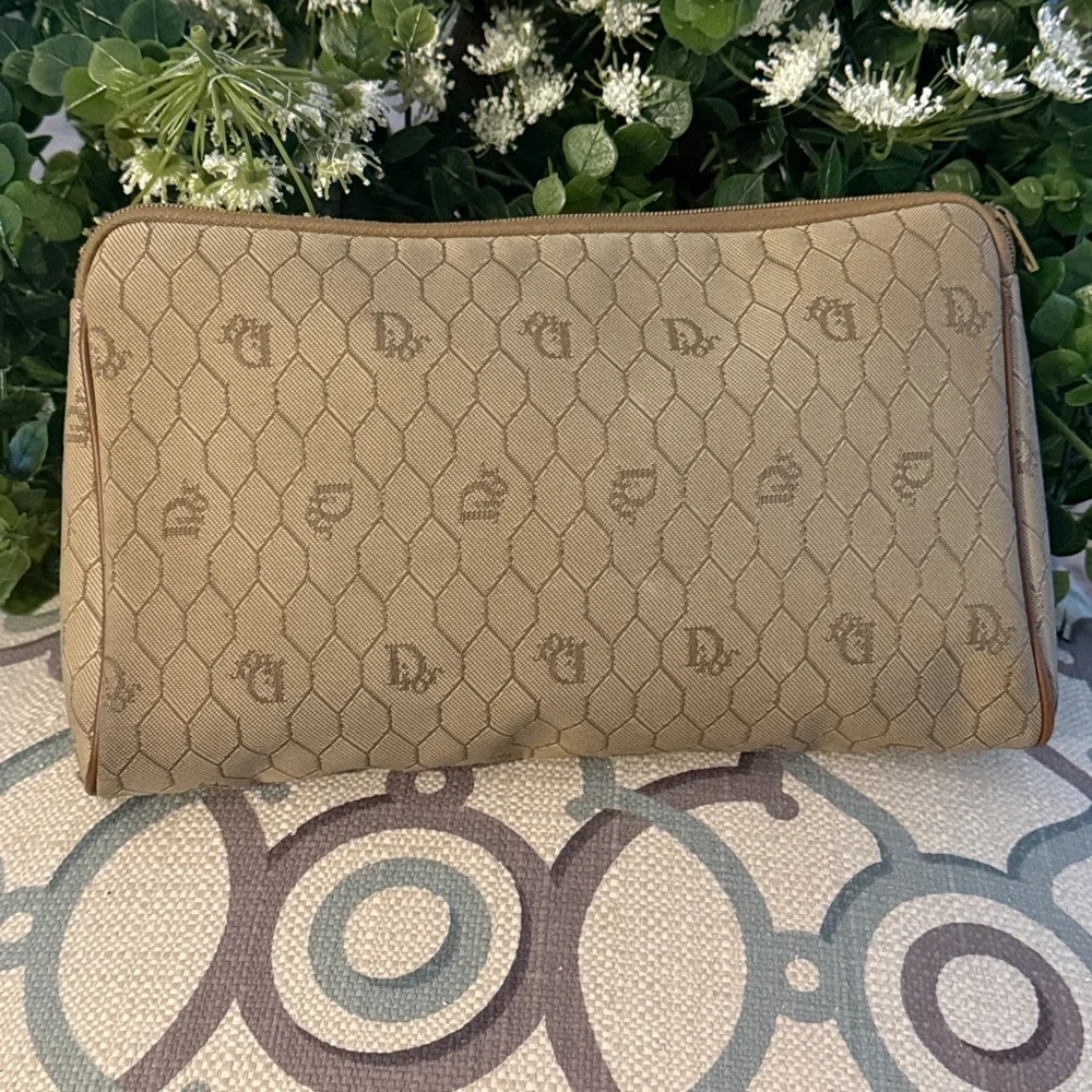 Dior Cannage (Honeycomb) Pouch – Beige Canvas with Brown Leather Trim